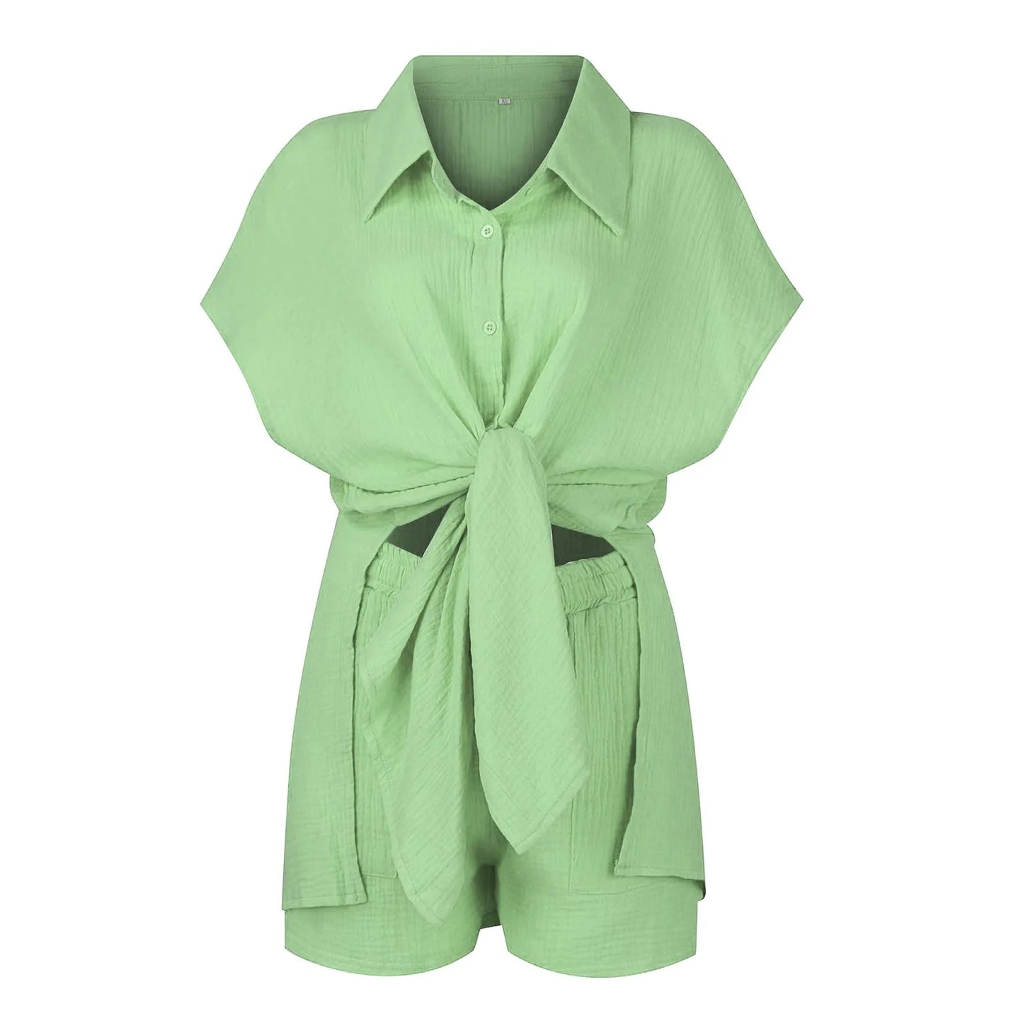 Summer cotton and linen solid color shirt short sleeved casual shorts set