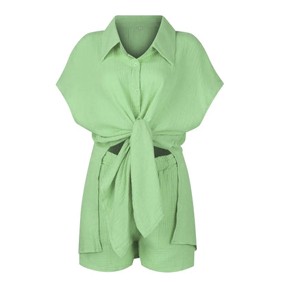 Summer cotton and linen solid color shirt short sleeved casual shorts set