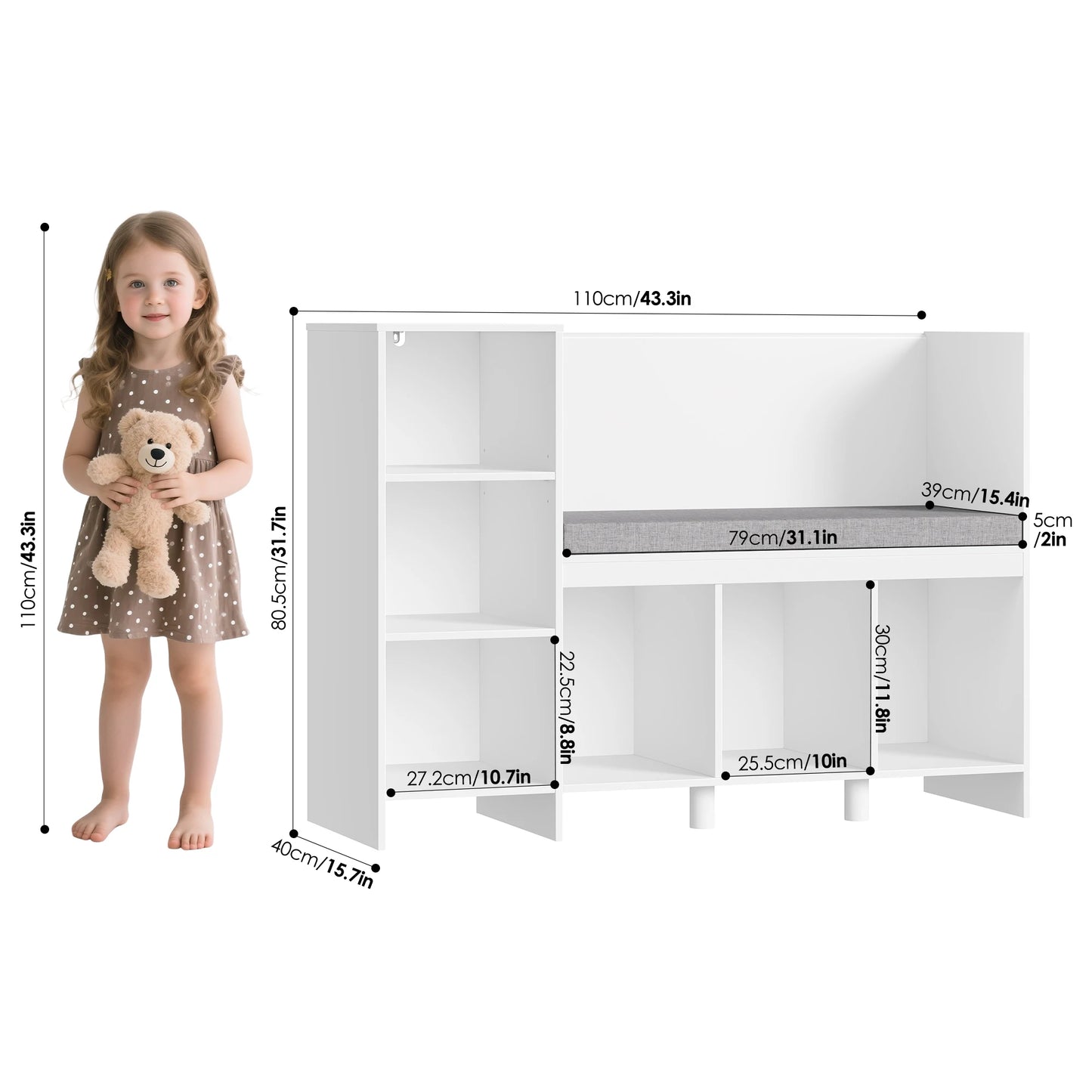 Child Rack 110 cm toys Shelf CHILDREN'S room with Pillow and 6 Shelves Child Seat Bench toys storage for Kids