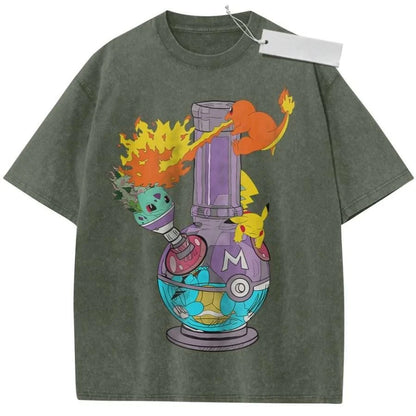 T Shirt Sports T Shirt Short Sleeve T Shirt Rose Red Unisex Pure Cotton Washed Vintage Pokemon Bulbasaur Pikachu Charmander