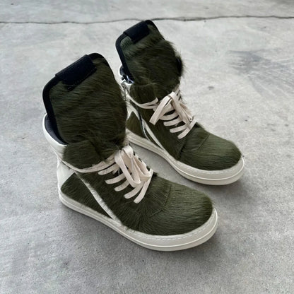 Ro Casual Shoes Men High Top Shoe Black Horse Hair Women Sneaker Black Horsehair Ankle Boot White Leather Boots Flat Sneakers