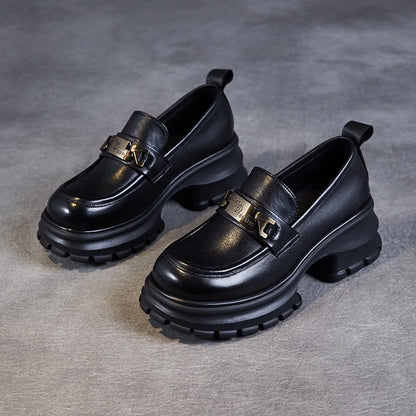 DRKANOL Women Genuine Leather Loafers 2026 Spring Autumn Thick High Heel Chunky Platform Handmade Retro Metal Trend Casual Shoes