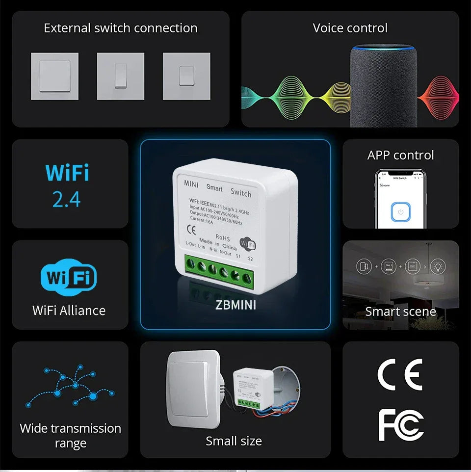 16A Mini Tuya Smart WiFi Switch RF433MHz Home Automation Breaker Voice Control With Alexa Google Home 100-240V 20A 2 Way Control