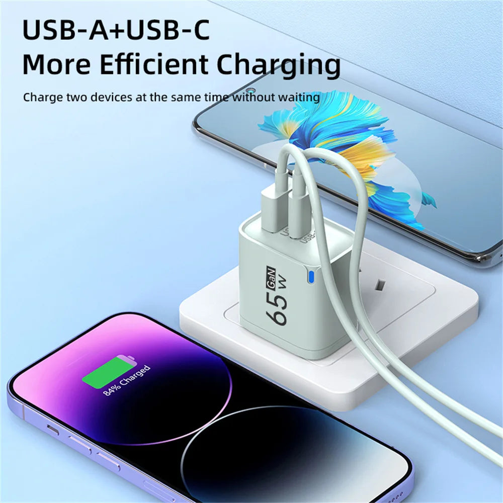 GaN 65W USB C Charger 3 Ports Quick Charge 3.0 QC3.0 Fast Charger Travel Wall Adapter for iPhone Samsung Xiaomi Huawei EU UK US