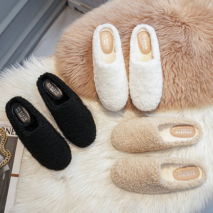 Big Size 43 Women Lambswool Slippers Winter Sheep Fur Shoes Ladies Flat Cotton Slides Home Pantuflas Daily Slip On Furry Mules