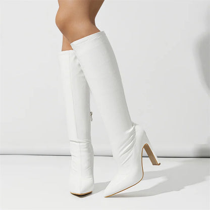 Hlieny Autumn Winter Fashion Women Knee High Motorcycle Boots Sexy Pointed Toe Square Heels Long Zipper Female Botas Shoes