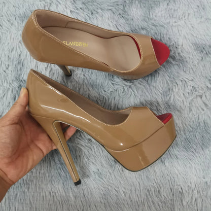 LOSLANDIFEN Sexy Peep Toe Platform Women Pumps 14cm Super High Patent Leather Heels Shoes Red Wedding Stilettos Large Size 43 44