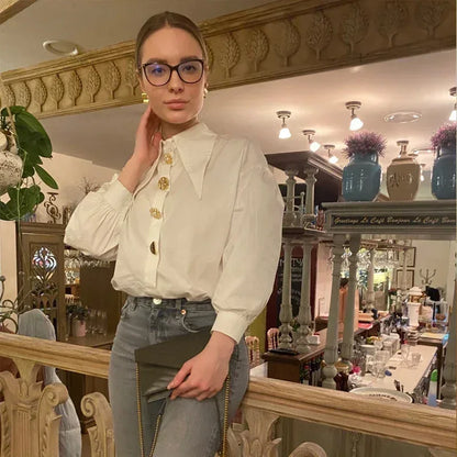 2025 Autumn Long Sleeve Women Shirt Fashion Spring Lanter Sleeve Blouses Office Lady Elegant Tops Casual Loose Clothing
