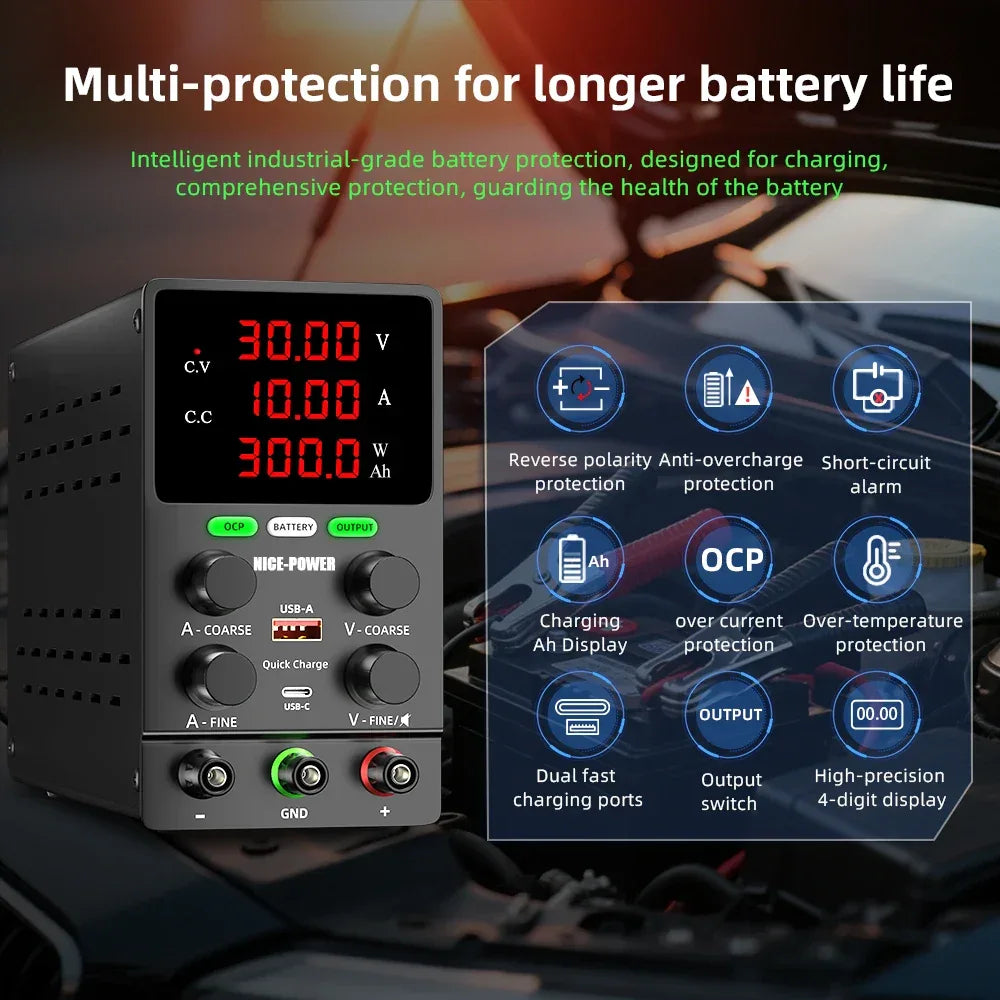 NICE POWER Adjustable DC Power Supply 12V/24V Lead-acid Battery Charging Auto-Stop When Full Reverse Polarity Protection Source
