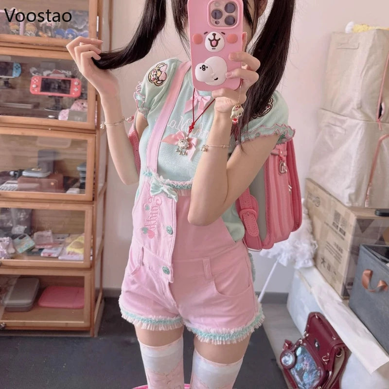 Japanese Kawaii Lolita Style Shorts T-Shirt Sets Women Sweet Cute Bow Cartoon Embroidery Tees Overalls Short Pants Y2k Outfits
