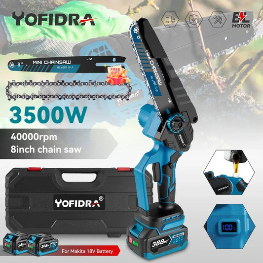YOFIDRA 3500W 8 Inch Brushless Electric Chainsaw Cordless Electric Cutting Pruning Chain Saw Garden Tool For Makita Battery Pin
