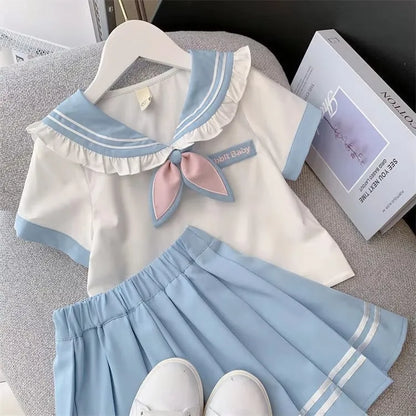 2025 autumn winter sailor T shirt blouse + jk pleated skirt toddler girls cotton teenager children  6 7 8 9 10 11 12 year