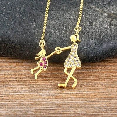 Nidin Exquisite Gold Plated Mom Daughter Necklace Girl Boy Pendant Chain Choker Cubic Zirconia Jewelry Mother's Day Gift