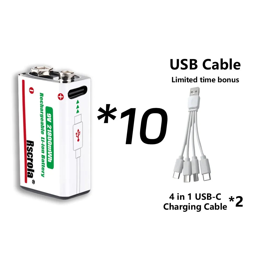 Rechargeable 9V Battery USB-C Charge,21800mWh Long-lasting 9V Li-Ion Battery with Free Cable,for Smoke Alarm,Camera,Clocks,Audio