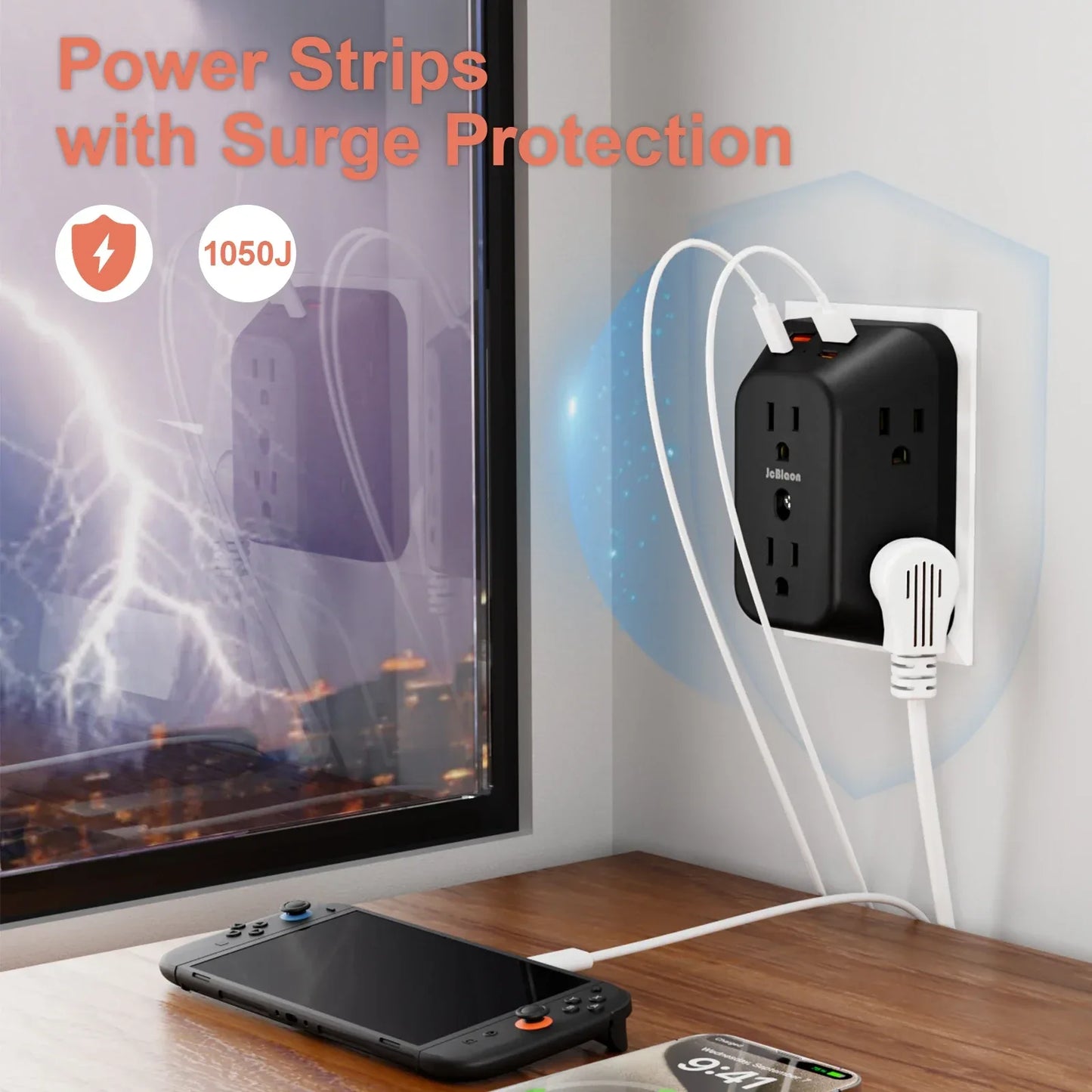Multi Plug Wall Outle,6-Outlet Extender with 4 USB Ports,3 Sided Multi Plug Wall Adapter  Surge Protector for Home Office