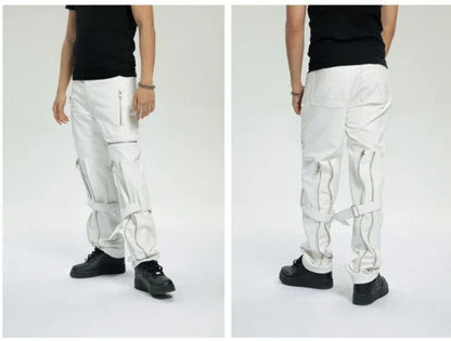 Mauroicardi Spring Autumn Cool Black Pu Leather Pants Men with Many Zippers Belt Luxury Designer Clothing Trousers Fashions 2023