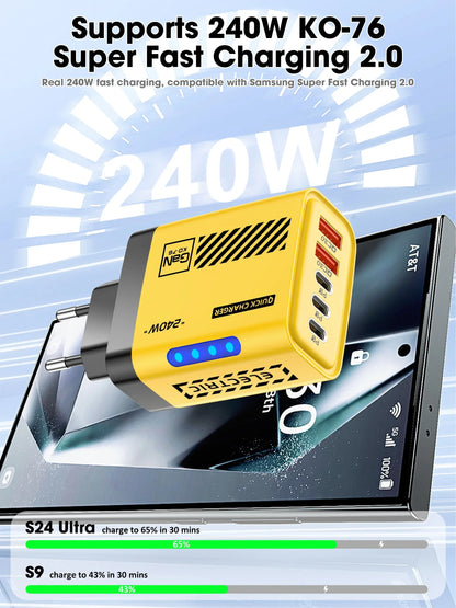 5 Port GaN USB C Charger 240W PD Fast Charging Adapter For iPhone 17 16 15 Pro Samsung Xiaomi Huawei Laptop Desktop PD Charger