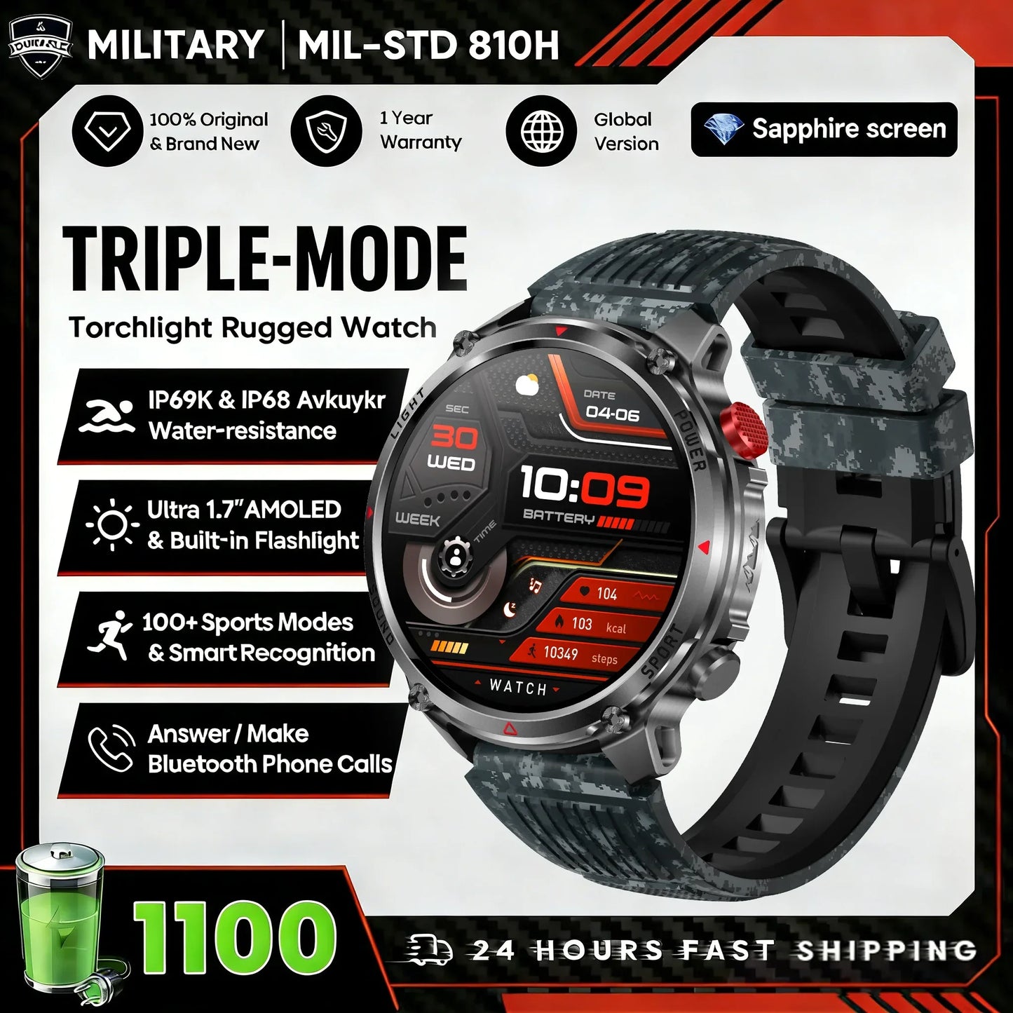 2026 Edition Military Outdoor Sports Smartwatch 1.7-inch AMOLED screen 1100 mAh battery LED flashlight Bluetooth call Waterproof