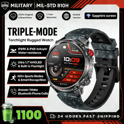 2026 Edition Military Outdoor Sports Smartwatch 1.7-inch AMOLED screen 1100 mAh battery LED flashlight Bluetooth call Waterproof