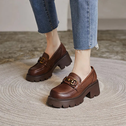 DRKANOL Women Thick Heel Loafers Slip On Pumps Spring Autumn New Design Metal Genuine Leather Round Toe High Heel Platform Shoes