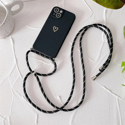 Crossbody Lanyard Silicone Phone Case For iPhone 15 14 11 12 13 Pro Max Mini 8 7 6 Plus 10 X Xr Xs Max SE 2020 Love Heart Cover