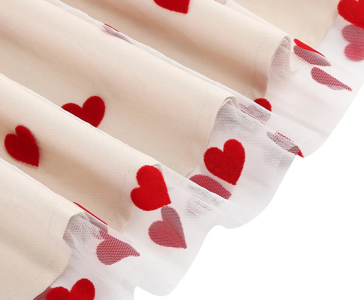 Knot Strap Strawberry Patchwork Vintage Dress 2025 Heart Flocking Valentine's Day Dress Women Birthday Party Pleated Mesh Dress