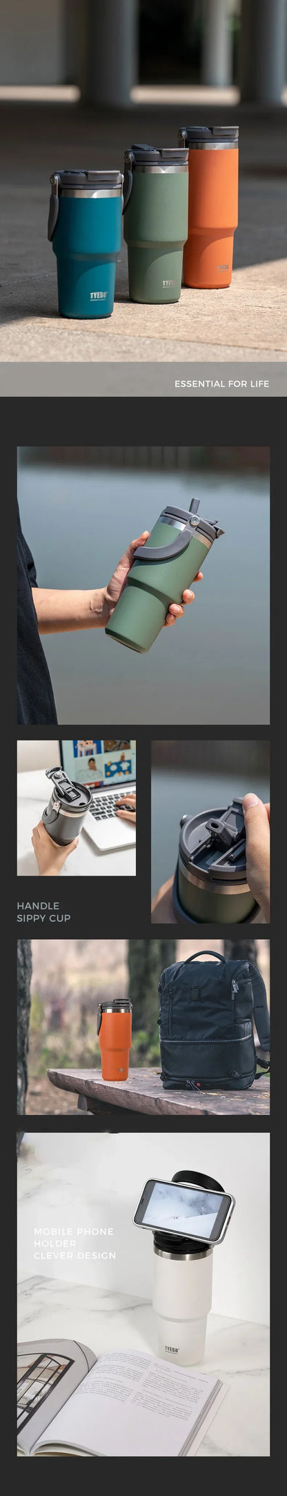 Tyeso Car Stainless Steel Insulated Cup 600/750/900ml Vacuum Thermal Cup with Straws and Handles Outdoor Portable Water Bottle