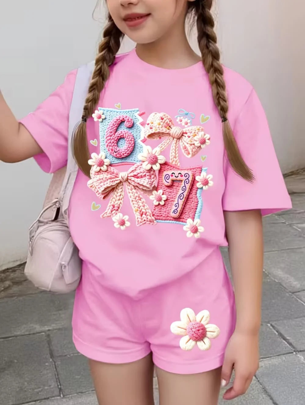 67 Six Seven Girls Clothes Cute Bows Flowers Print Girls Short Sleeve T-Shirt + Pants Set Casual Fashion Children's Clothes Tops