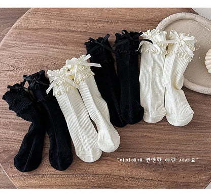 Korean Fashion Lace Lolita Calf Sock for Kids Girl Beige Black Color Ruffle Bow Children Calf Sock Spring Autumn Cotton Sock