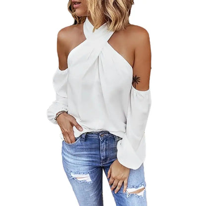 Autumn Halter Off Shoulder White Shirt Women Elegant Commuting Tops Fashion Casual V Neck Long Sleeve Blouses