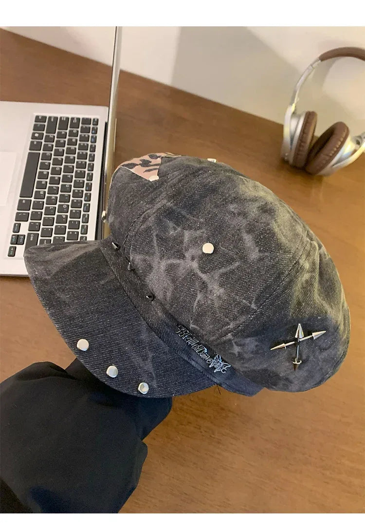 American Punk Style Rivet Star Design Octagonal Hats for Women Spring and Autumn Casual Versatile Retro Washed Denim Berets Cap