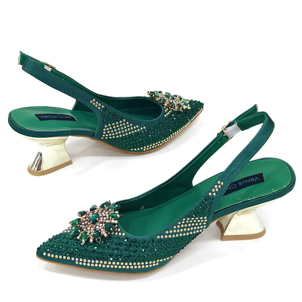 Venus Chan 2024 Summer New Design Specials Italian Women Shoes and Bag Set Fuchsia Color Comfortable High Heels With Rhinestone