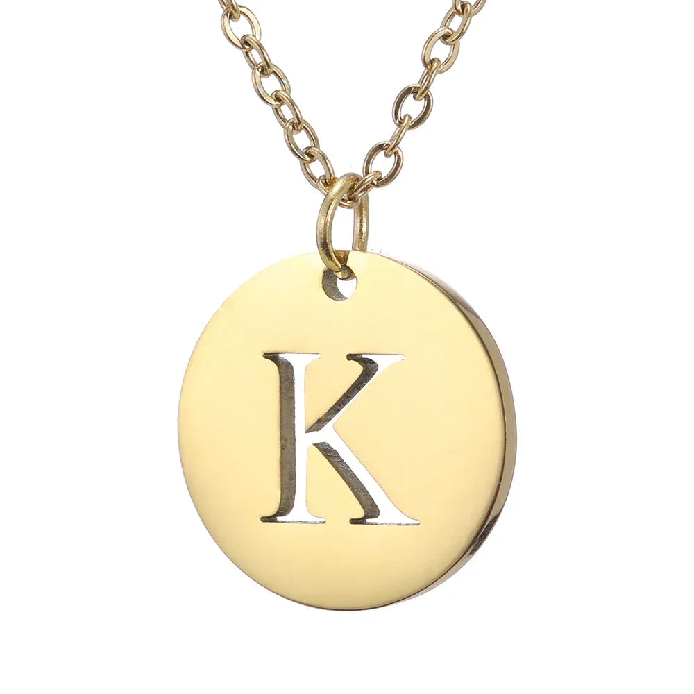 New Trend Stainless Steel Gold Silver Color Initials Necklace Hollow Round 26 Letter Pendant Necklace Jewelry Christmas Gift