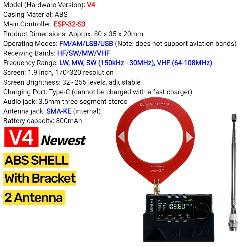AMNVOLT V4/V3S ATS MINI SI4732 Radio ALL Band DSP Radio FM AM SSB LSB USB Receiver, built-in Hi-Z Headphone Amplifier Circuit