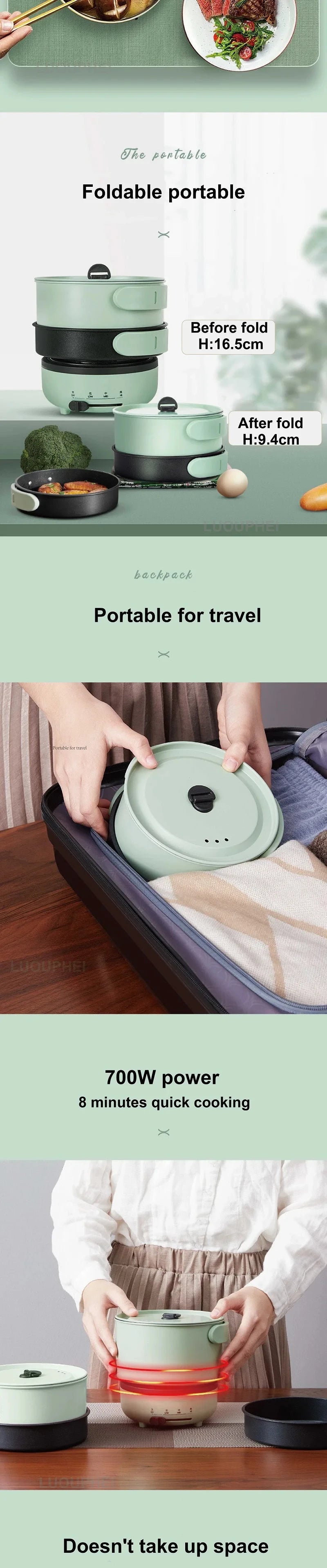 1.7L Folding Electric Cooker 3 Gear Adjustment Non-stick Electric Frying Pan Travel Hot Pot Dormitory Multi-function Pot 220V