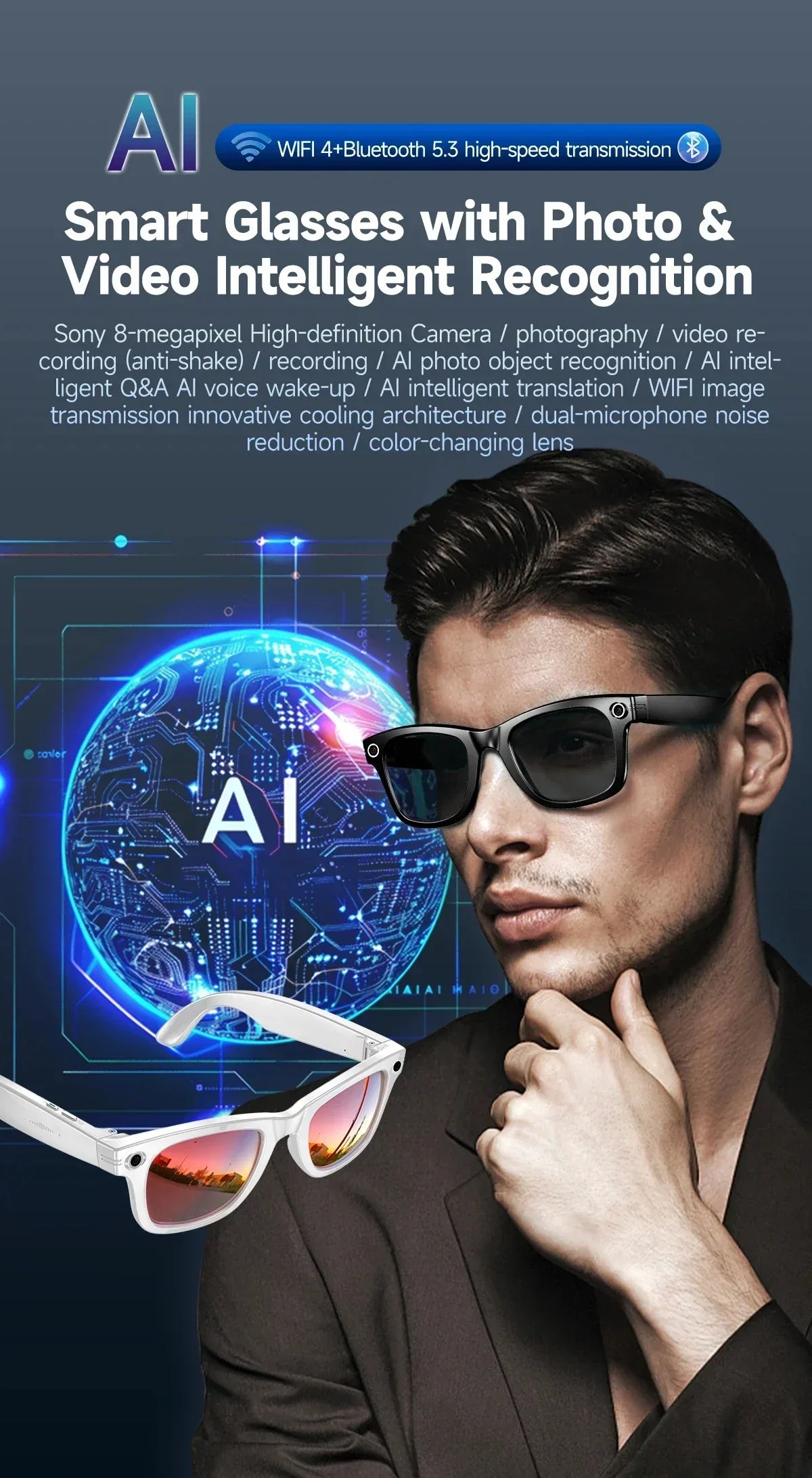 Xiaomi 8K Camera AI Glasses Smart Translation Color-Changing Waterproof Glasses Video Recording Photo Call Smart Sunglasses
