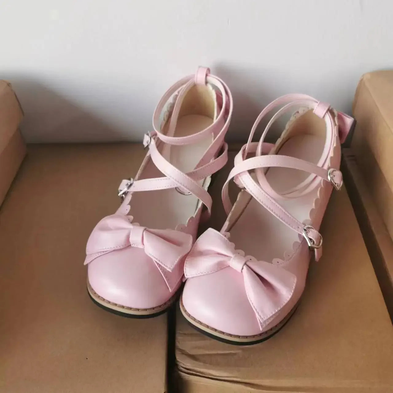 Lolita Shoes Women Flats Low Round With Cross Straps Bow Cute Girls Princess Tea Party Shoes Students Lovely Shoes Size 34-41