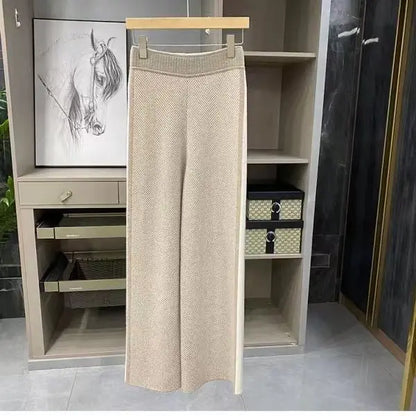 Women Drawstring Wide Leg Warm Thick Knit Pants Fall Winter Loose Casual Straight  Korean Harajuku High Waist Trousers R94