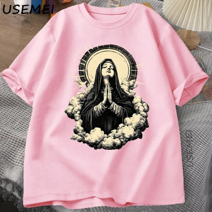 Christian T Shirt Virgin Mary Graphic Tshirt Faith Unisex Tee Christmas or Easter T-shirt Tee Shirt Cotton Short Sleeve Clothes
