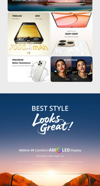 realme 15T 5G Smartphone NFC Dimensity 6400 Max Chipset Dual 50MP Cameras 6.57" 120Hz AMOLED Display 7000mAh Battery 60W Charge