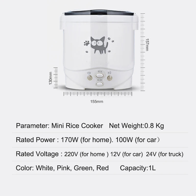 Portable Electric Mini Rice Cooker MultiCooker Rice Cooker Household 220V for Car 12V Truck 24V Cooking Machine Lunch Box Warmer