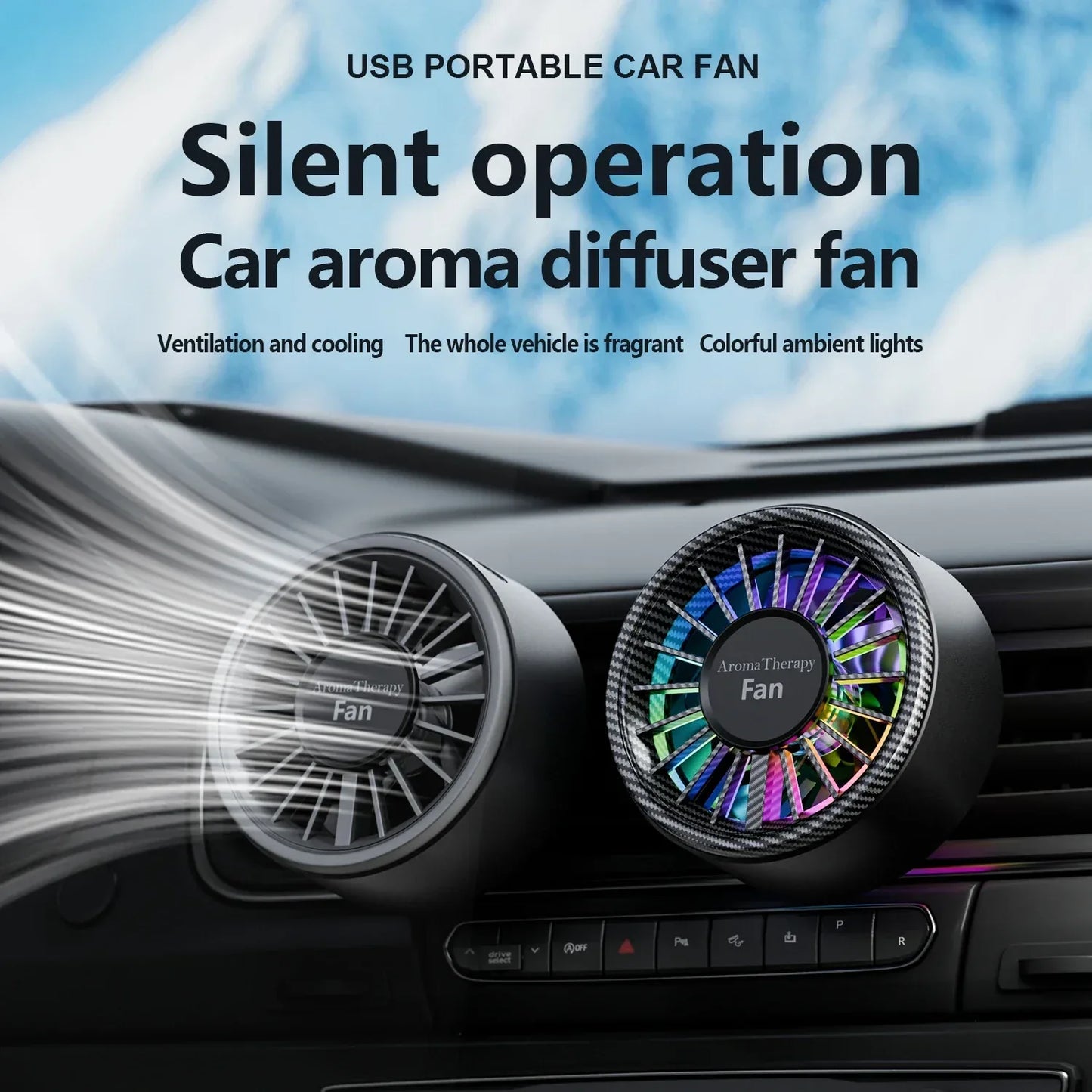 New car aromatherapy fan, USB cool seven color ambient lighting, three adjustable car fans, large truck van car fan