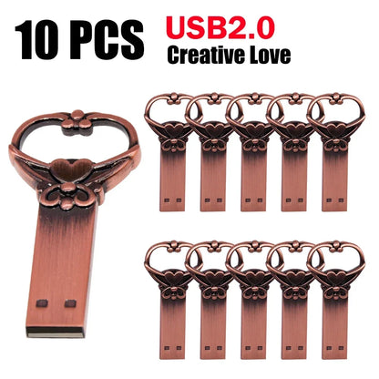 10pcs/lot Copper Love Heart Pen Drive 128GB Metal USB 2.0 Flash Drive 64GB Key Memory Stick Creative Gift Pendrive 64GB Storage