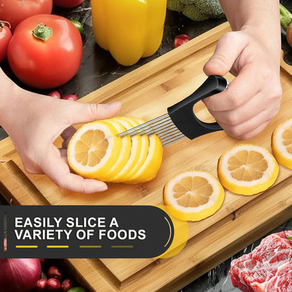 1pc Stainless Steel Onion Slicer Holder Tomato Slicer Holder Multipurpose Meat Tenderizers Kitchen Gadgets Assistant Slicer Tool