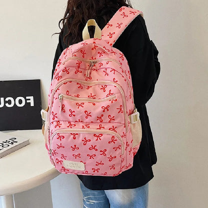3 Pcs/Set Cute girl Large Capacity Backpack Bow Print Nylon Schoolbag Adjustable Strap Women daily Campus Backpack