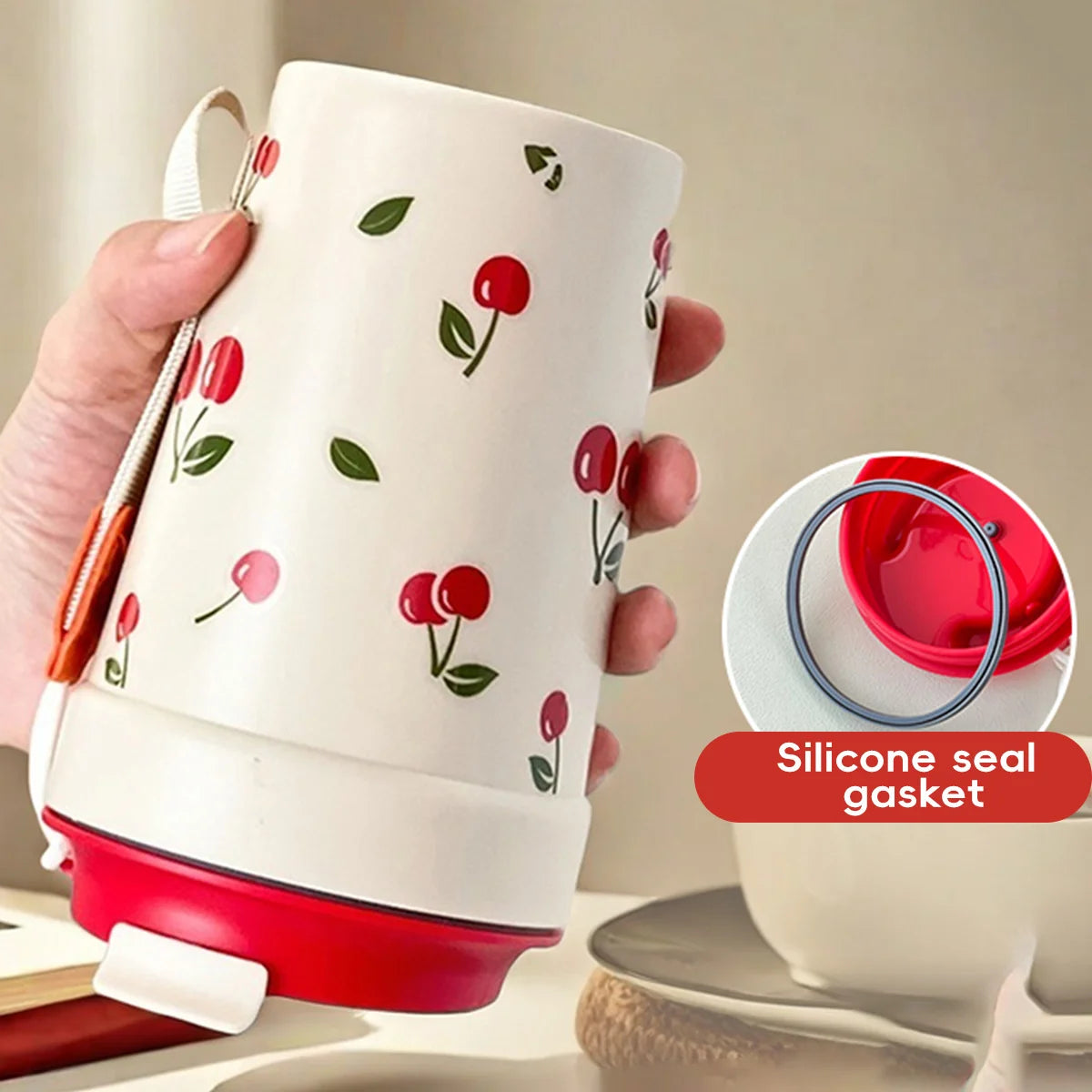350/400ML Plastic Coffee Mug With Cherry Pattern Travel Portable Water Bottle Tumbler Sealed Leak Proof Drinking Cup Drinkware
