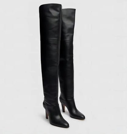 Autumn and Winter Women's Thick High-heeled Knee High Boots, Round Headed Cowhide Suede Fashionable Women's Plus Size Boots