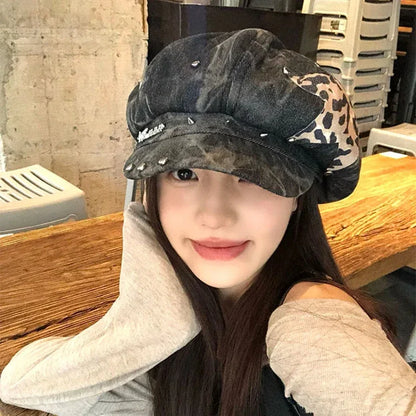 American Punk Style Rivet Star Design Octagonal Hats for Women Spring and Autumn Casual Versatile Retro Washed Denim Berets Cap