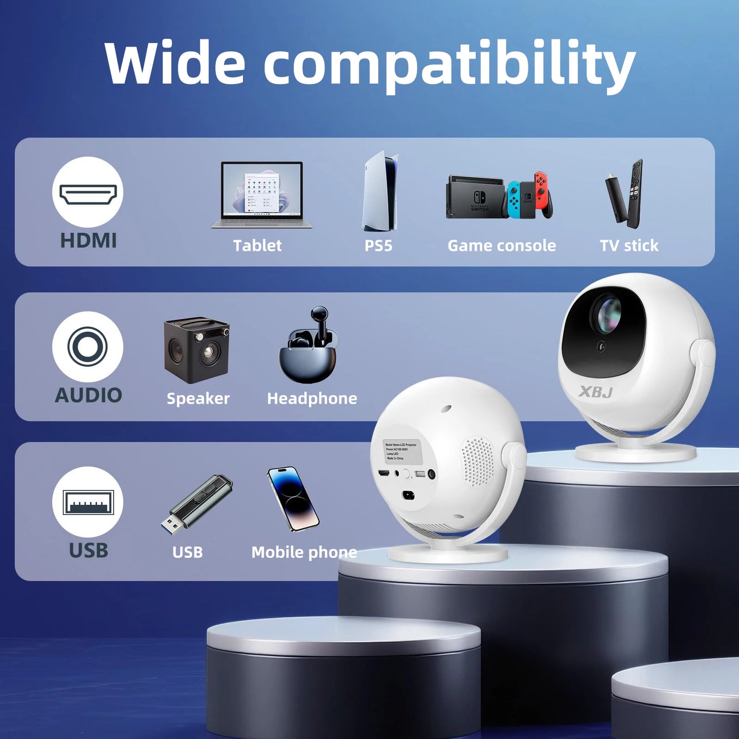 XBJ Spherical Home Theater 4K Projector, Android WiFi 6 BT 5.0 Auto Keystone 360° Rotation Portable Video Projector for Outdoor
