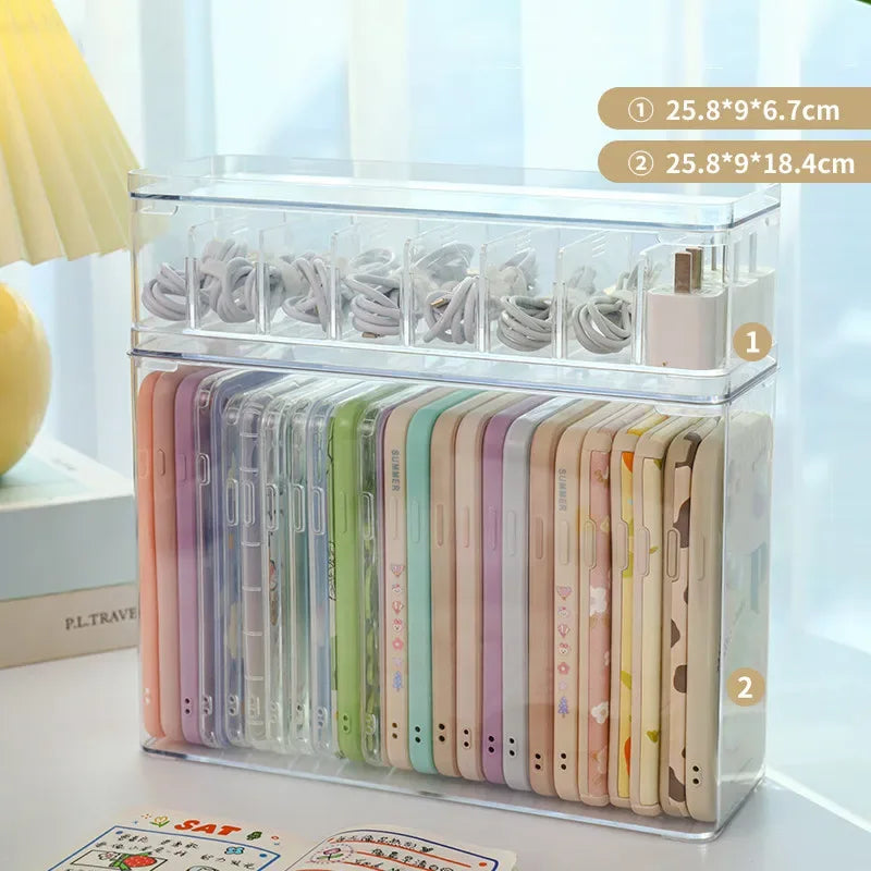 Ins Transparent Phone Case Organizer Storage Box with Cover Home Desktop Acrylic Sundries Storage Basket Phone Case Holder